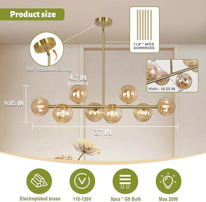 Gold Linear Chandeliers for Dining Room, 8-Light Amber Glass Globe Chandelier Modern Sputnik Chandelier Mid Century Dining Room Light Fixture Pendant Kitchen Island Lighting, Electroplated Brass, 37"