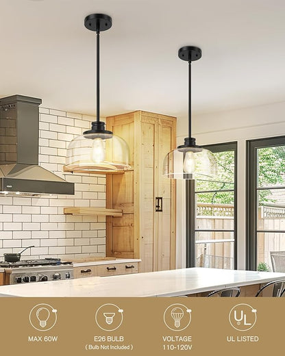 Emak Modern Pendant Lights Kitchen Island, Black Pendant Light with 10 Inch Clear Glass Shade, Farmhouse Hanging Light Fixture for Kitchen Island, Dining Room, Bathroom, Bar, PL131-BK-CG