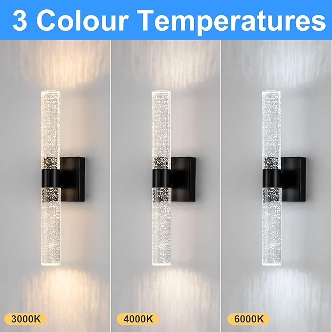 DORESshop Modern Wall Sconces Set of Two, 3CCT Crystal Bathroom Sconces Wall Light, Black Vanity Light Fixture, Sconce Wall Decor Set of 2, Wall Lights for Bedroom, Living Room, Hallway 18in