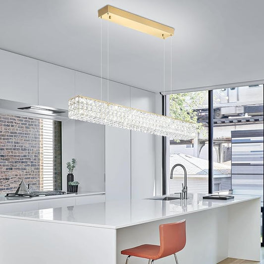 ykolupty Rectangle Crystal Chandelier Modern Gold Crystal Chandelier Rectangular Pendant Lighting Fixture for Dining Room Kitchen Island Bedroom (L 40")