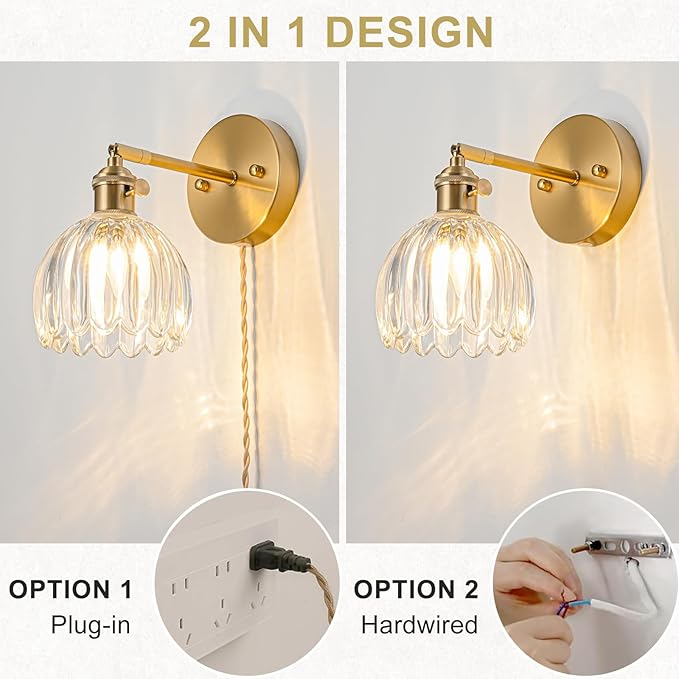 Plug in Wall Sconce, Vintage Sconce Light with Tulip Transparent Glass Lampshade, Bedside Wall Sconce with Switch and Plug in Wall Lamp Cord, Gold Wall Light for Bedroom