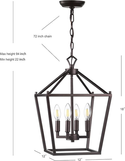JONATHAN Y 12" Oil Rubbed Bronze Lantern Pendant Light, 4-Light Pagoda Style Metal Cage Farmhouse Hanging Ceiling Fixture for Kitchen Island, LED Bulb Included (JYL7436A)
