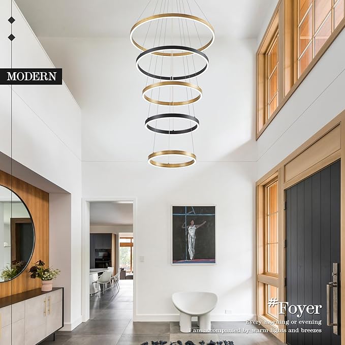 LED 5-Ring Chandelier Modern Vintage Gold Chandelier with Remote Control High Ceiling Foyer Chandeliers Light Brass Circle Round Chandeliers for Living Room Entry Motel,100W