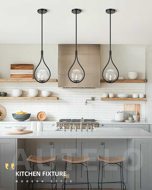 AUTELO Black Pendant Light Fixtures, 1-Light Pendant Lights Kitchen Island with Clear Globe Glass, Modern Pendant Lights, Black Hanging Lights for Kitchen Island H9377 CLBK