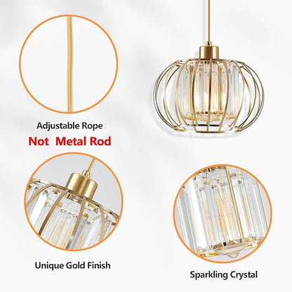 XSDeTu Gold Pendant Light Fixture, Modern Crystal Pendant Lights Kitchen Island, 1-Light Farmhouse Mini Chandelier, Adjustable Brass Hanging Light Fixture for Hallway, Bedroom, Dining Room