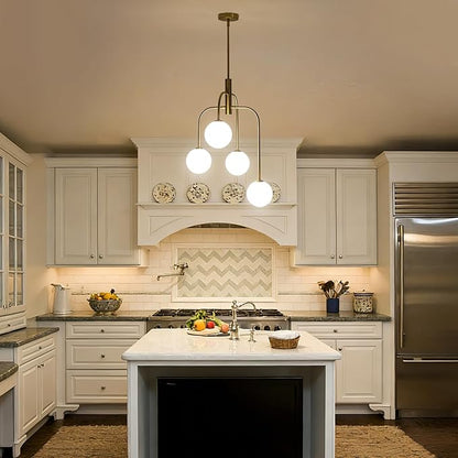 4-Light Mid Century Modern Chandelier Milk Glass Globe Chandelier Light Fixture Gold Sputnik Hanging Pendant Light for Dining Room Kitchen Island Entryway