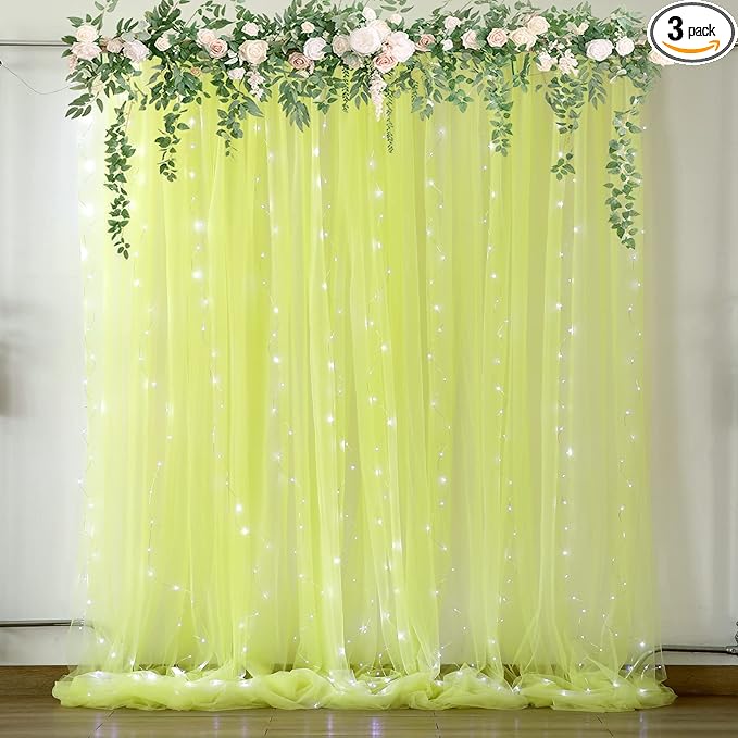 Yellow Sheer Tulle Backdrop Curtains with Lights String for Birthday Party Photoshoot 2 Panels 5×10ft Yellow Backdrop Curtains for Baby Shower Wedding Background Decorations