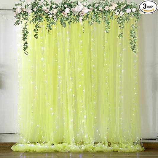 Yellow Sheer Tulle Backdrop Curtains with Lights String for Birthday Party Photoshoot 2 Panels 5×10ft Yellow Backdrop Curtains for Baby Shower Wedding Background Decorations