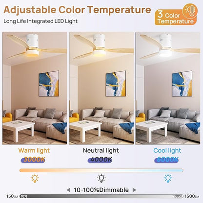 Sofucor 52 Inch Smart Ceiling Fans with Light and Remote-Modern Smart Solid Wood Ceiling Fan with Alexa/Google/APP/Remote Control for Bedroom Living Room Indoor Outdoor Patio,Qiute DC Motor,White&Wood