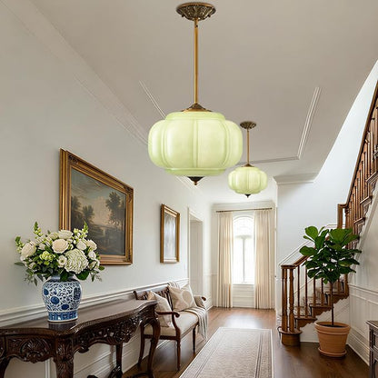 LOUSACE 15 in Vintage Milk Glass Ceiling Light Fixture, Antique Green Milk Glass Pendant Light, Mid Century Art Deco Chandelier for Kitchen Dining Room Hallway Bedroom, LED Bulb Included