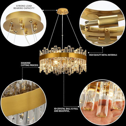 Crystal Chandeliers for Dining Room Lights Fixtures, 12 Lights Luxury Gold Modern Chandeliers for Bedroom, 2-Tier Round Crystal Lighting Fixtures for Living Room Entryway Kitchen Island D20 Inch