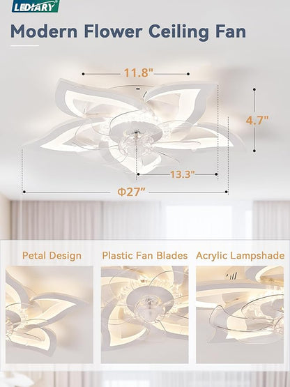 LEDIARY Flower Ceiling Fans with Lights, Small 27 Inch Modern Low Profile Ceiling Fan, Dimmable LED Ceiling Light Fixture, Flush Mount Ceiling Fans with Remote for Bedroom, Kitchen, Indoor-White