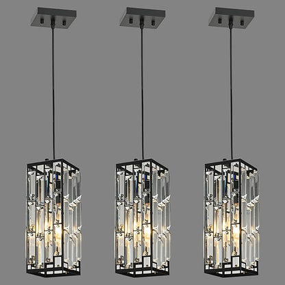 Black Hanging Kitchen Island Modern Concise Crystal Pendant Light Fixture, Adjustable Mini Crystal Pendant Lights Kitchen Island for Kitchen, Dining Room, and Bedroom (3 Pack)