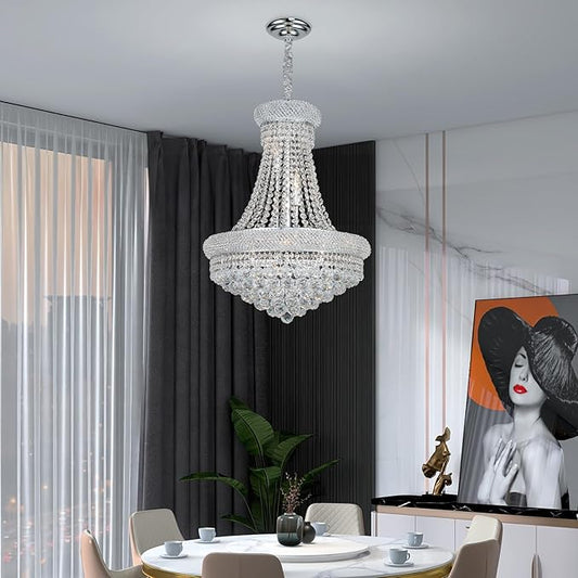 Crystal Chandeliers for Dining Room Light Fixture,Empire Style K9 Crystal Chandeliers for Entryway,12 Lights Chrome Luxury Lighting Fixtures for Living Room Stairway Bedroom Foyer D22 Inch