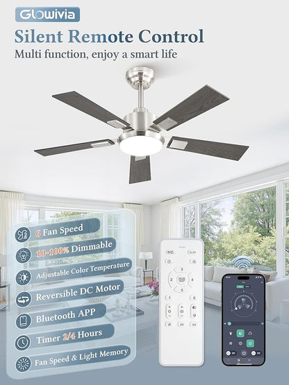42 Inch Ceiling Fans with Lights and Remote&APP Control, Brushed Nickel Smart Ceiling Fan with 3000-6000K Dimmable, 6 Speeds Reversible, Indoor/Outdoor Ceiling Fan for Bedroom Living Room