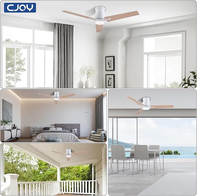 CJOY Ceiling Fans with Lights, 52 Inch Low Profile Ceiling Fans with Light and Remote, Reversible DC, Flush Mount, 3CCT，Dimmable, Modern Indoor/Outdoor Design for Bedroom, Living Room, Patio, Kitchen