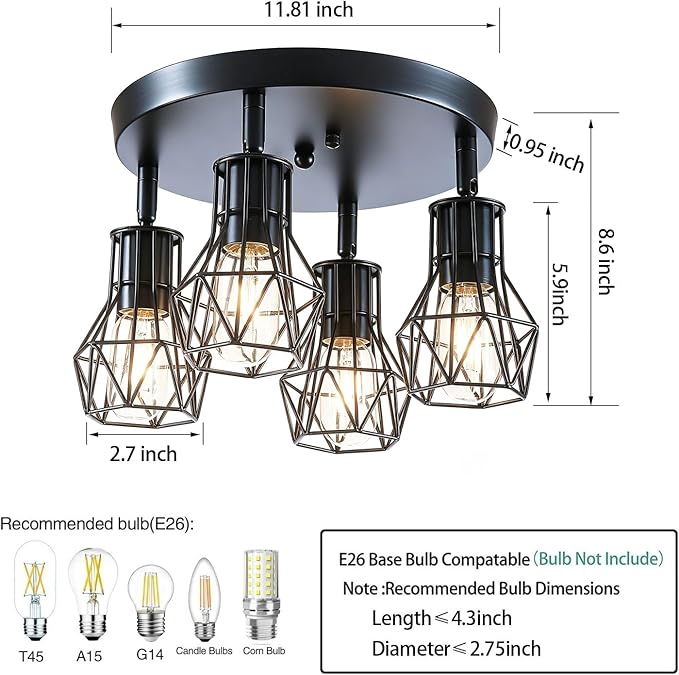 4-Light Black Farmhouse Flush Mount Ceiling Light, Industrial Rustic Black Light Fixture, Adjustable Overhead Lighting for Kitchen, Dining Room, Hallway, Entryway, Bedroom, Laundry Room