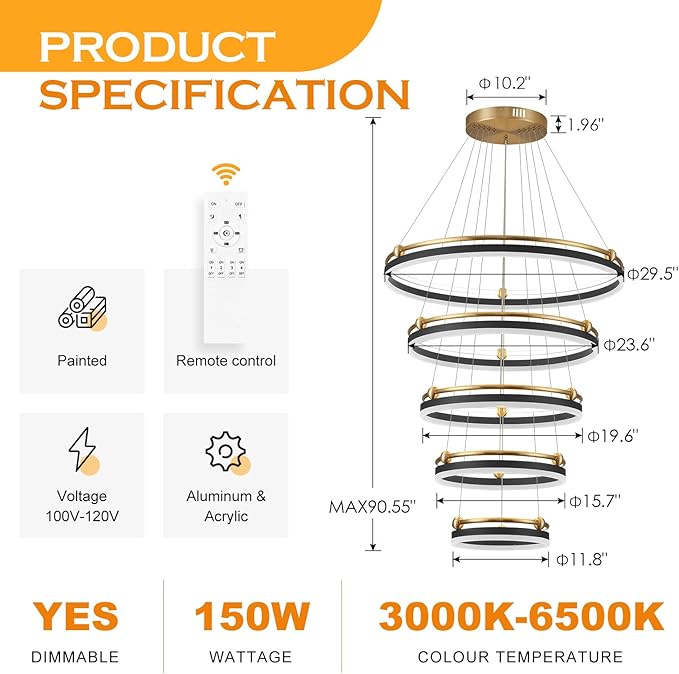 Benkut 5-Rings Modern LED Chandelier Black Gold Dimmable Large High Ceiling Chandeliers Foyer, Remote Pendant Lighting for Foyer Entryway Dining Room Living Room Staircase(10-Ring Lighting, D30in)