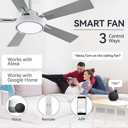 YITAHOME 52 Inch Chandelier Ceiling Fans with Lights and Remote/App, Smart Ceiling Fans Compatible with Alexa, Reversible Quiet DC Motor, Dual Finish Blades, Dimmable Lighting for Living Room, Nickel
