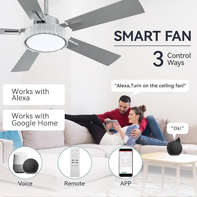 YITAHOME 52 Inch Chandelier Ceiling Fans with Lights and Remote/App, Smart Ceiling Fans Compatible with Alexa, Reversible Quiet DC Motor, Dual Finish Blades, Dimmable Lighting for Living Room, Nickel