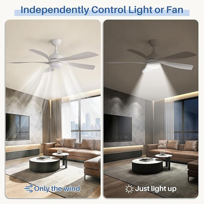 Sofucor 52 Inch Ceiling Fans with Lights and Remote, Outdoor Ceiling Fan with Light 6-Speed 3 CCT 3-Timer, White Low Profile Ceiling Fan 5 Blade Reversible DC Motor for Living Room Bedroom Patio