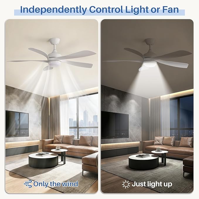 Sofucor 52" Smart Ceiling Fan, Indoor/Outdoor White Ceiling Fans with Lights and Remote, Works with Alexa/Google/App, 3-Color Light 6-Speed Timing Reversible DC Motor for Bedroom Living Room Patio