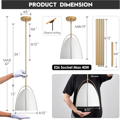 10in Dome Pendant Light White Kitchen Island Pendant Lighting Modern White & Gold Pendant Lights Fixture for Dining Room Kitchen Sink, E26