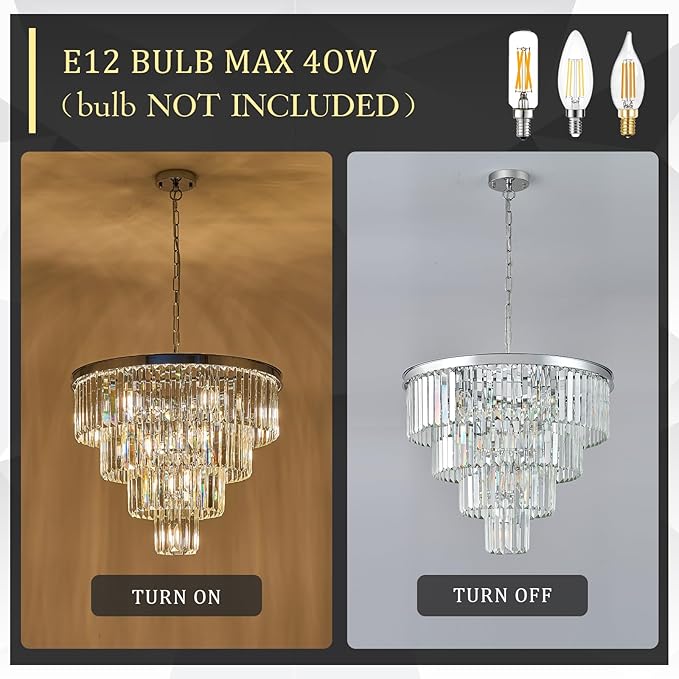 CATINER Modern Chrome Crystal Chandeliers 24” Luxury Chandeliers 4-Tier 12 Lights K9 Crystal Round Ceiling Pendant Light Fixture Contemporary for Living Dining Room Foyer Staircase Bedroom