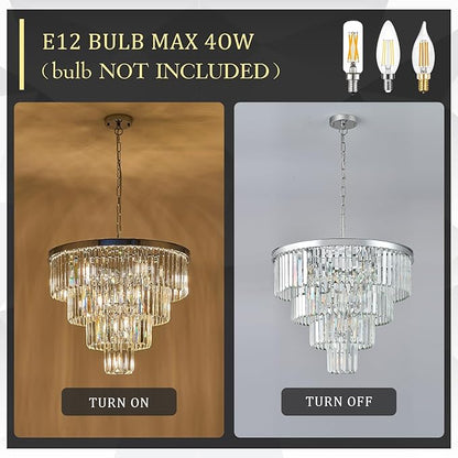 CATINER Modern Chrome Crystal Chandeliers 24” Luxury Chandeliers 4-Tier 12 Lights K9 Crystal Round Ceiling Pendant Light Fixture Contemporary for Living Dining Room Foyer Staircase Bedroom