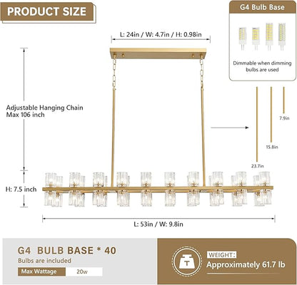 Gold Rectangular Crystal Chandelier for Dining Room, 53 in Light Fixture Chandelier Over Table, Modern Crystal Chandelier Pendant Light for Kitchen Island Living Room