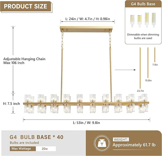Gold Rectangular Crystal Chandelier for Dining Room, 53 in Light Fixture Chandelier Over Table, Modern Crystal Chandelier Pendant Light for Kitchen Island Living Room