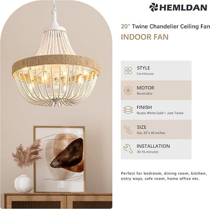 Luxury Empire Crystal Chandelier Fan with 64 Bead Strands, 7-Blade Invisible Fan, Remote/APP Controlled Ceiling Fan for Living Room, Bedroom, Dining Hall (White Wood Bead, 20" Farmhouse Style)