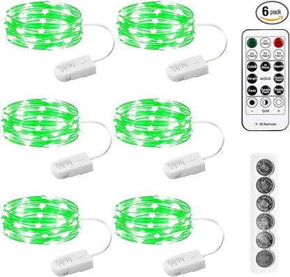 6PCS Green Fairy Lights Battery Powered with Remote, 7ft 20Leds Changing Twinkle String Lights with Timer, Waterproof Small Silver Wire Firefly Starry for DIY Wedding Party Christmas