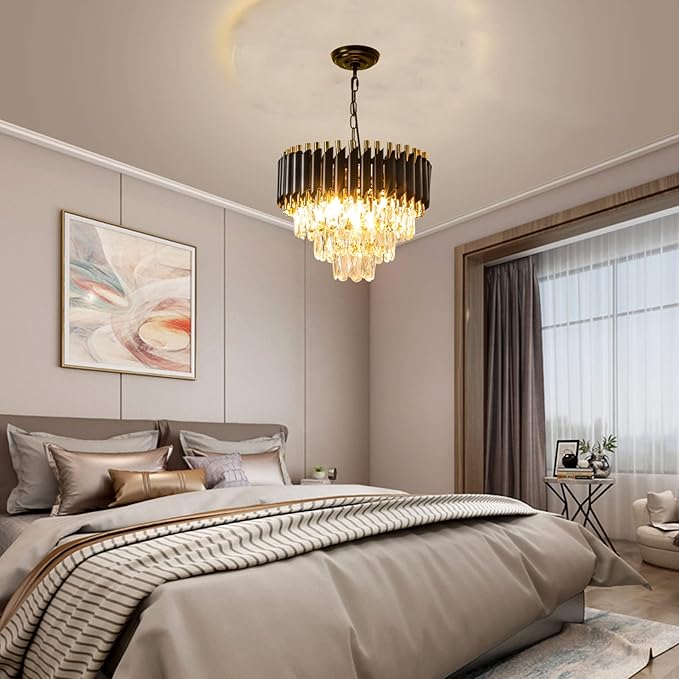 Modern Crystal Chandeliers 15.7”Gold Contemporary Crystal Ceiling Lights Fixtures 3-Tiers 5 Lights Black Round Chandelier Pendant Light Fixtures for Entryway Living Room Dining Room Bedroom