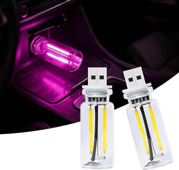 2 Packs USB Light for Car, Touch Dimmable Car Interior Ambient Lights - Portable Mini USB LED Light Bulb, Retro Glass Bottle Night Light for Vehicle, Bedroom, Hallway, Camping(Pink)