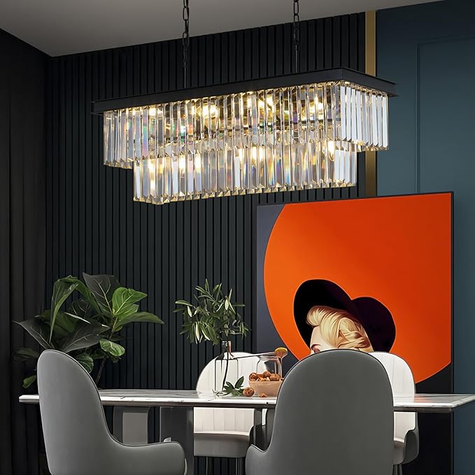 Weesalife Crystal Chandeliers for Dining Room 11-Light Black Modern Chandelier Rectangle Contemporary Pendant Light Fixture for Kitchen Island Bar L33.5 Inch