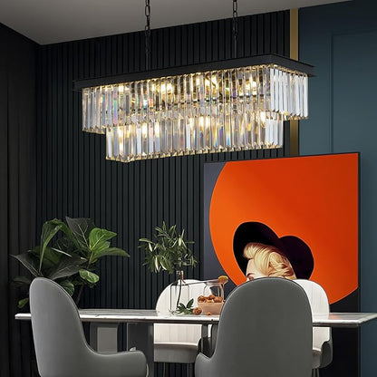 Weesalife Crystal Chandeliers for Dining Room 11-Light Black Modern Chandelier Rectangle Contemporary Pendant Light Fixture for Kitchen Island Bar L33.5 Inch