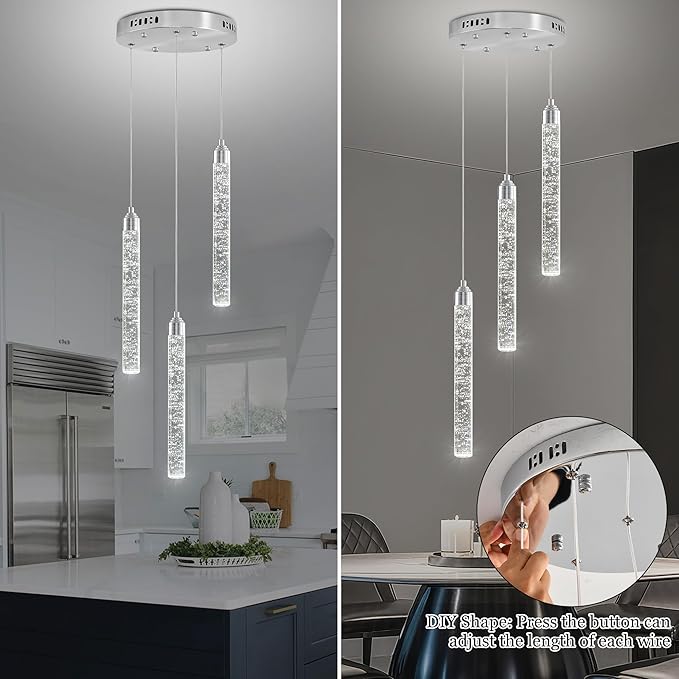 Crystal Kitchen Island Chandelier, Modern Chrome Spiral Dimmable LED Cluster Raindrop Foyer Chandelier Lighting, Bubble Dining Room Hanging Light Fixture 3 Light Remote Control