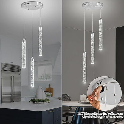 Crystal Kitchen Island Chandelier, Modern Chrome Spiral Dimmable LED Cluster Raindrop Foyer Chandelier Lighting, Bubble Dining Room Hanging Light Fixture 3 Light Remote Control