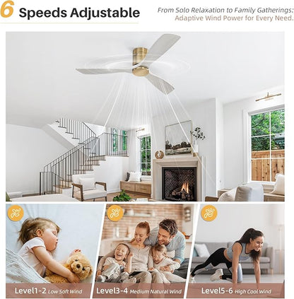 CACI Mall 52 Inch Solid Wood Ceiling Fan without Light, Flush Mount, 3 Blade, Low Profile, Modern, Outdoor/Indoor Ceiling Fans No Light for Bedroom/Farmhouse/Patio
