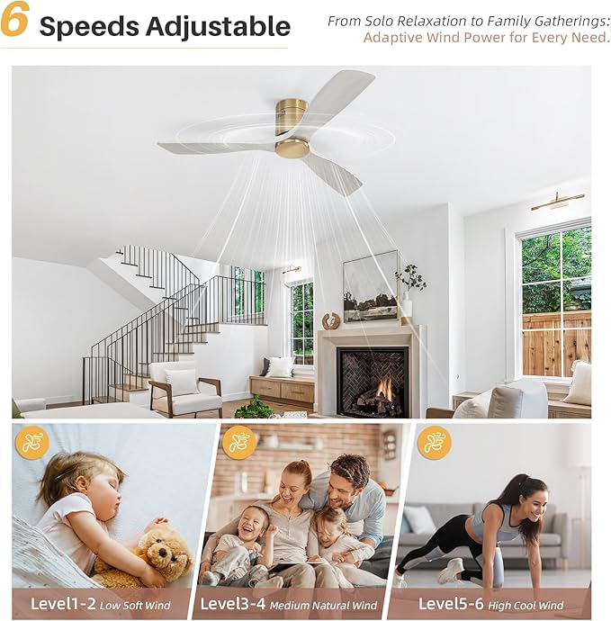CACI Mall 52 Inch Smart Ceiling Fan without Light, Flush Mount, 3 Blades Solid Wood, Low Profile, Modern, Outdoor/Indoor Ceiling Fans No Light for Bedroom/Farmhouse/Patio
