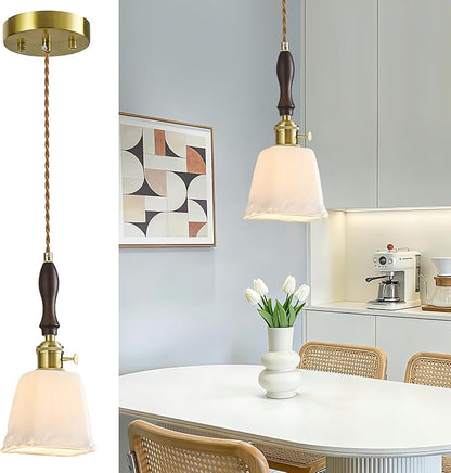 Milky White Glass Vintage Pendant Light Height Adjustable Handmade Glass Pendant Lights Kitchen Island Gold Hanging Light Fixture with Wood Handle for Bedroom Dining Room Hotel (1 Pack)