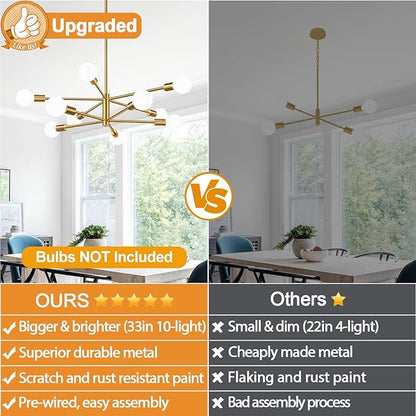 Sputnik Chandeliers Dining Room Light Fixture (10-Light, 32-Inch), Modern Brushed Gold Chandelier, Height Adjustable Mid Century Modern Chandeliers for Bedroom Kitchen Entryway (Bulbs Not Included)