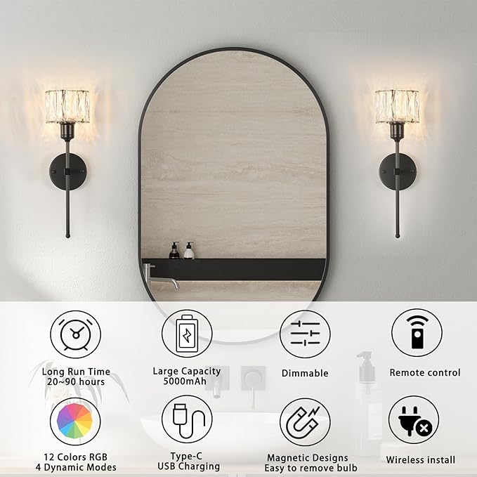 Crystal Battery Operated Wall Sconces Set Of Two, Black Wireless Wall Light with USB Rechargeable LED Light Bulbs 12 Colors Dimmable Crystal Wall Lamp with Remote for Living Room, Bedroom, Hallway