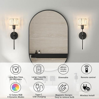 Crystal Battery Operated Wall Sconces Set Of Two, Black Wireless Wall Light with USB Rechargeable LED Light Bulbs 12 Colors Dimmable Crystal Wall Lamp with Remote for Living Room, Bedroom, Hallway