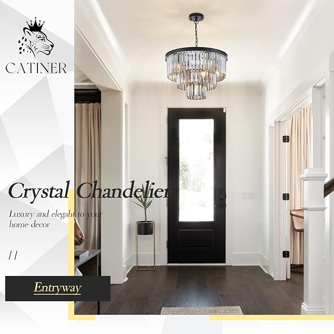 CATINER Modern Smoke Gray Crystal Chandeliers, Black 20” Round Chandelier 3 Tiers 7 Lights Luxury K9 Crystal Ceiling Pendant Light Fixture for Dining Room Foyer Bedroom Closet