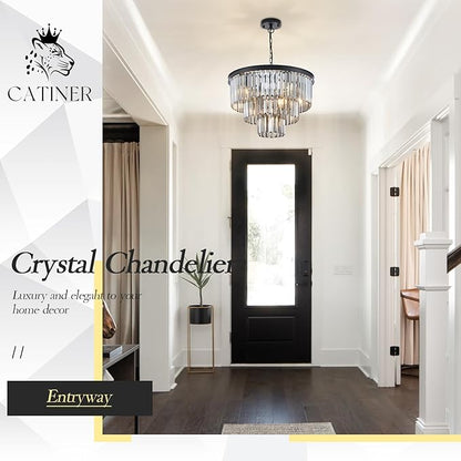 CATINER Modern Smoke Gray Crystal Chandeliers, Black 20” Round Chandelier 3 Tiers 7 Lights Luxury K9 Crystal Ceiling Pendant Light Fixture for Dining Room Foyer Bedroom Closet