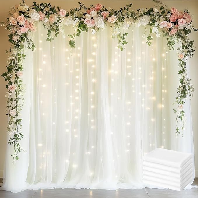 Fomcet Tulle Backdrop Curtains Ivory 30FT X 8FT Tulle Curtains with Lights String Sheer Curtain Backdrop for Parties Wedding Baby Shower Photo Shoot Decorations (6 Panels 5x8FT)