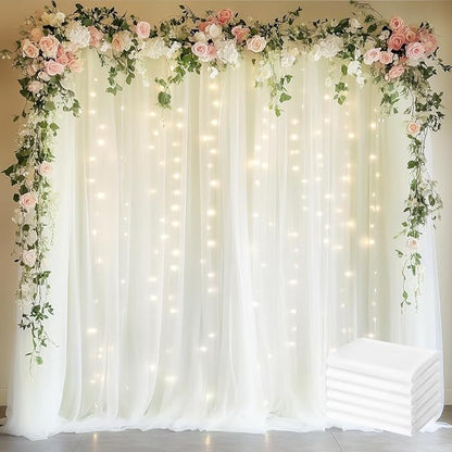 Fomcet Tulle Backdrop Curtains Ivory 30FT X 8FT Tulle Curtains with Lights String Sheer Curtain Backdrop for Parties Wedding Baby Shower Photo Shoot Decorations (6 Panels 5x8FT)
