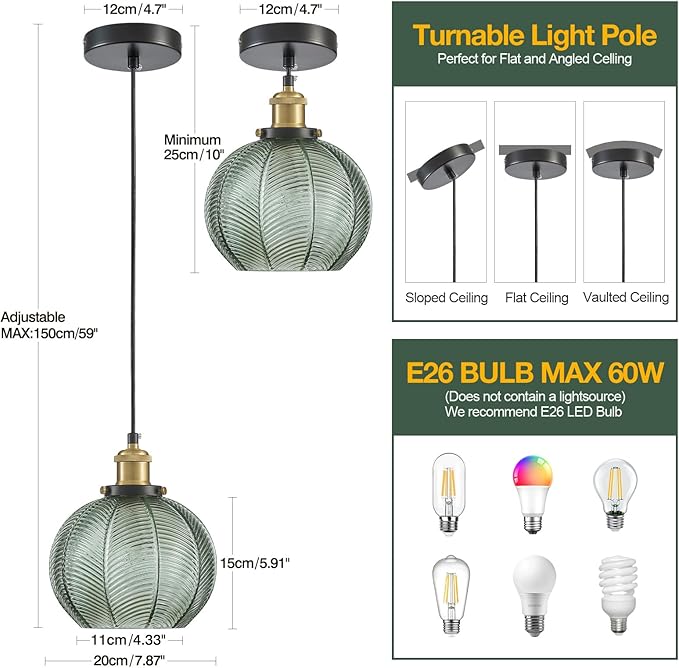 7.8in Vintage Pendant Light 3-Light Kitchen Sink Pendant Lights with Green Hand Blown Glass Small Hanging Lamp for Kitchen Island Dining Room Bedroom Bathroom Hallway E26